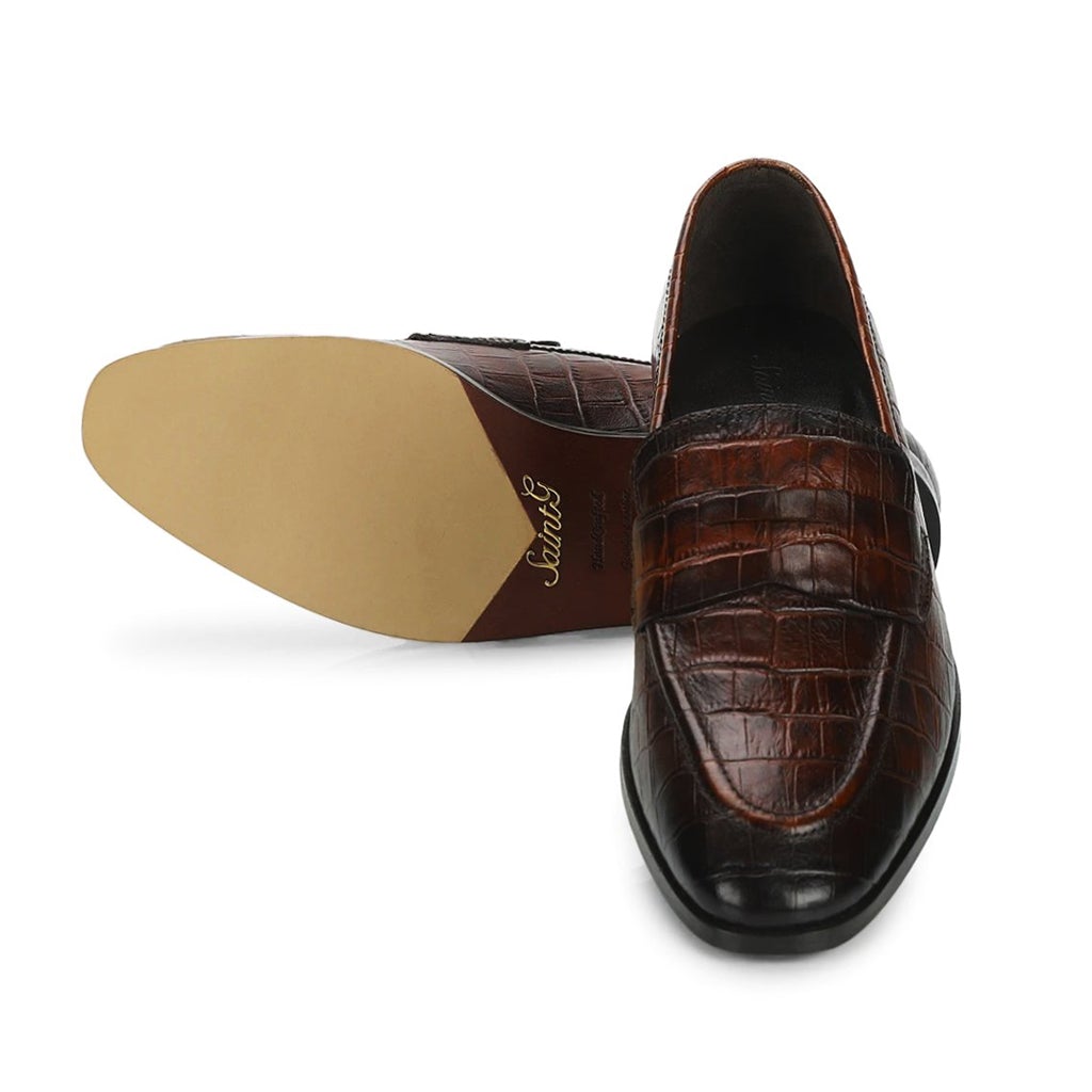 Saint Ansprand  Brown Croco Embossed Leather Loafers - SaintG