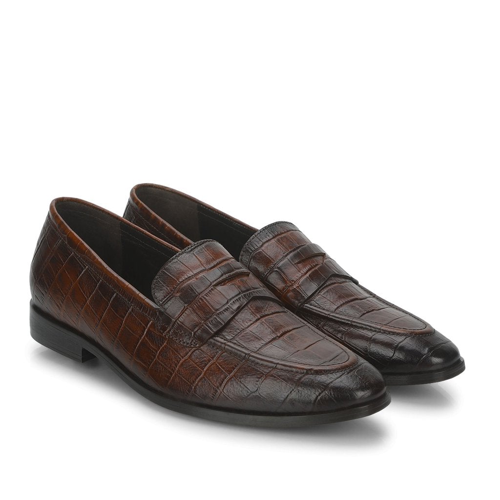 Saint Ansprand  Brown Croco Embossed Leather Loafers - SaintG