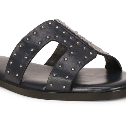 Saint Ventana Metal Studded Wide Fit Black Leather Flats - SaintG