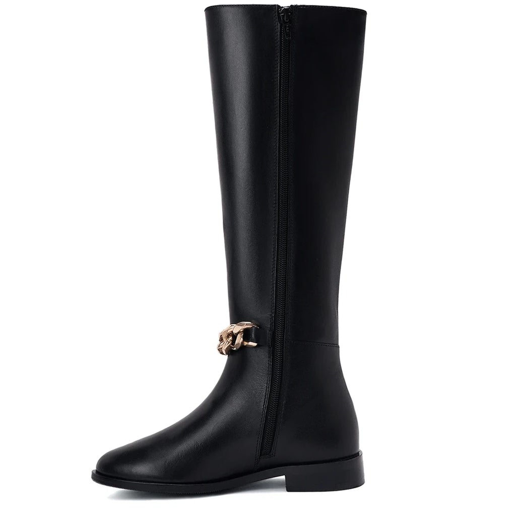 Saint Alina Gold Chain Embellished Black Leather Knee High Boots