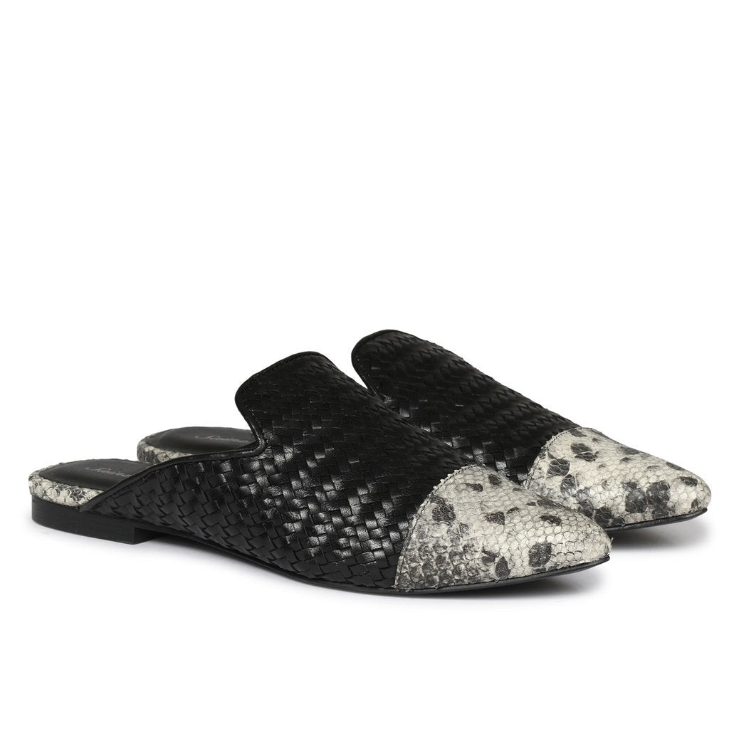 Saint Emma Grey Python and Black Woven Leather Mules - SaintG