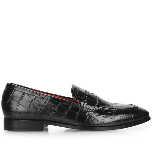 Saint Callisto Croco Embossed Black Leather Moccasins