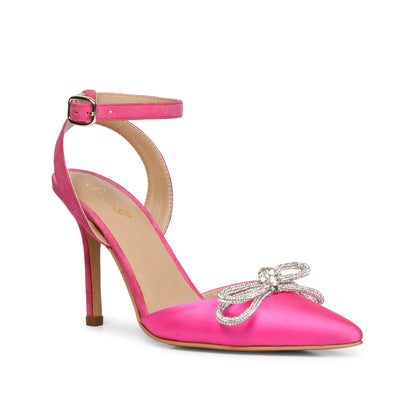 Saint Kylie Silver Stone Studded Bow Hot Pink Leather Stilettos