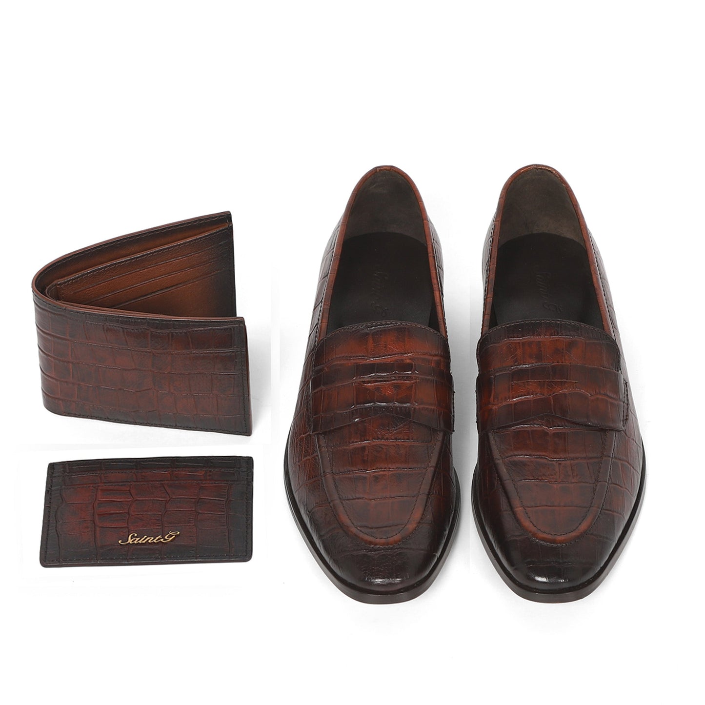 Saint Ansprand Brown Croco Embossed Leather Loafers With Set