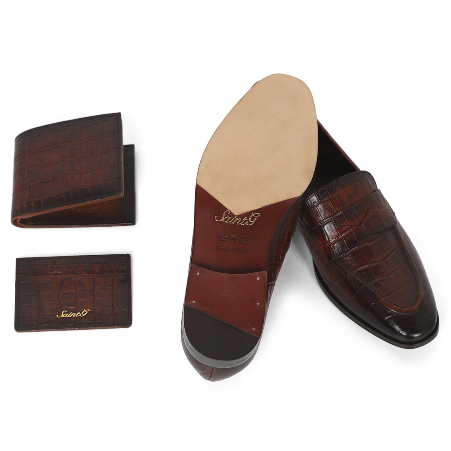 Saint Ansprand Brown Croco Embossed Leather Loafers With Set