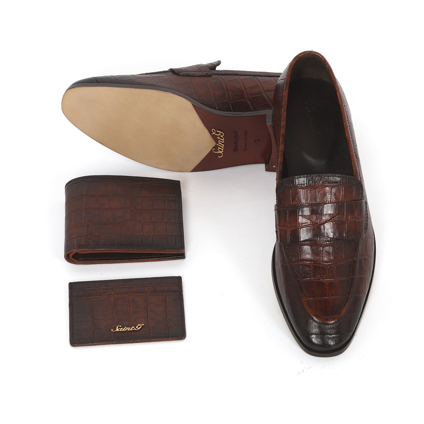 Saint Ansprand Brown Croco Embossed Leather Loafers With Set