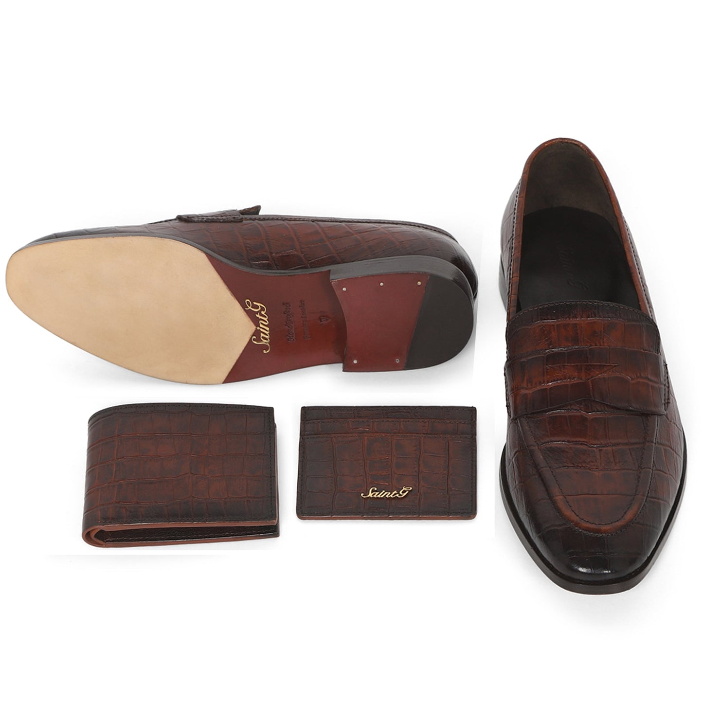 Saint Ansprand Brown Croco Embossed Leather Loafers With Set