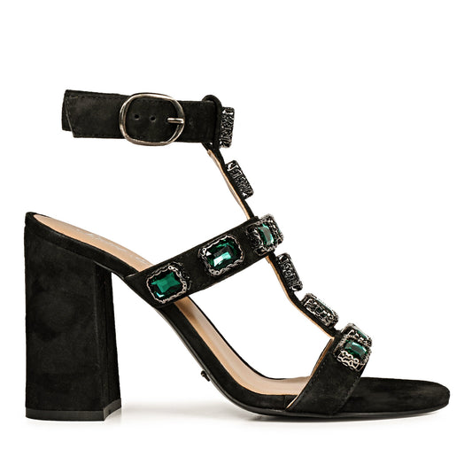 Saint Shirley Green Stone Embellished Black Leather Block Heels