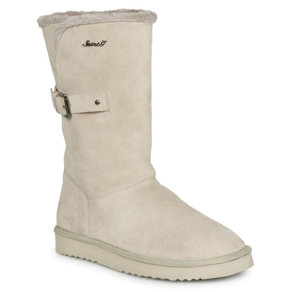 Saint Aurelia Buckle Decorative Ivory Suede Leather Snug Boots