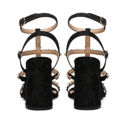 Saint Gretel Multi Stone Embellished Black Leather Cage Block Heels