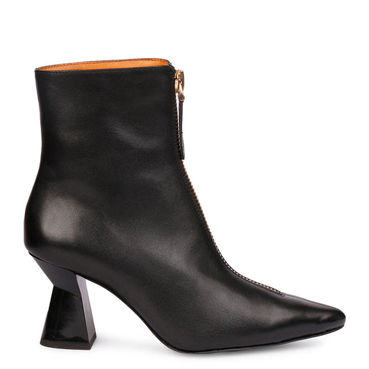 Saint Ava Black Leather Handcrafted Front Zip Heel Ankle Boots