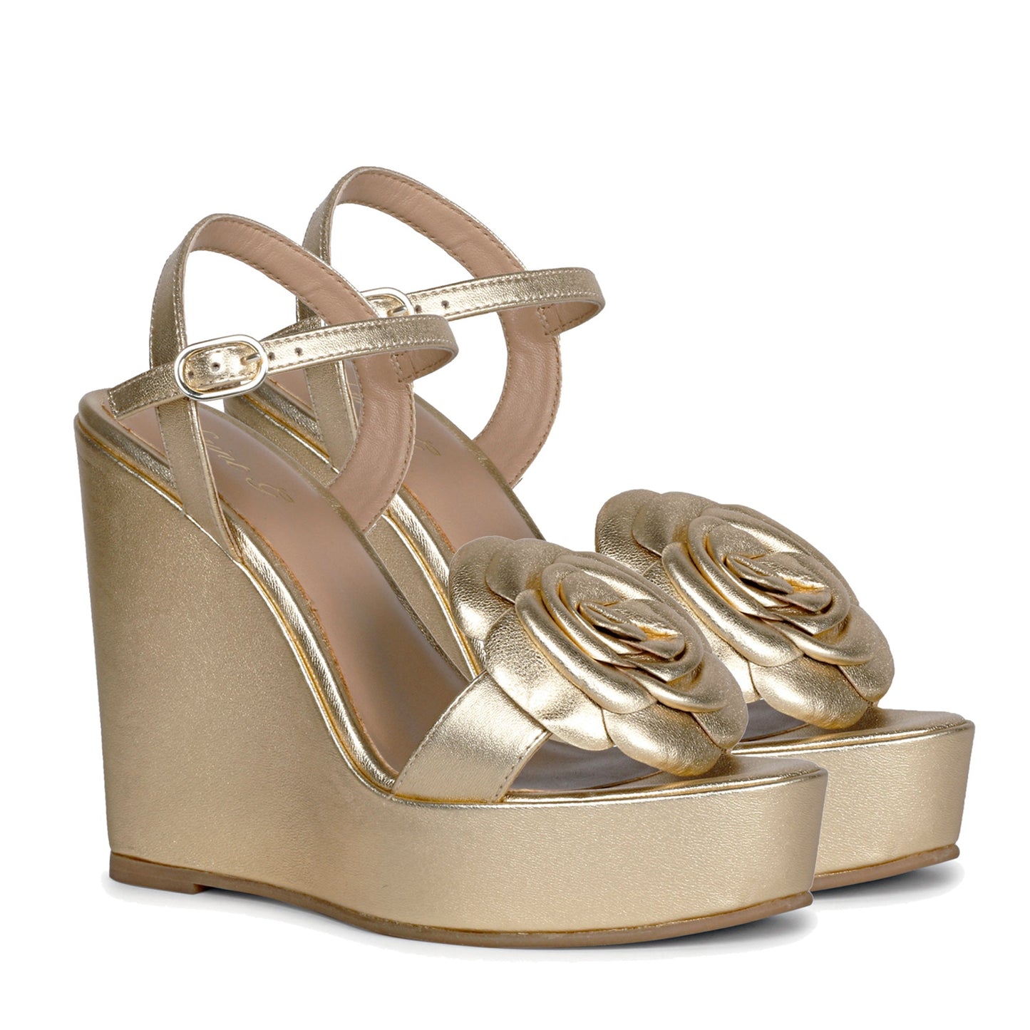 Saint Vanessa Gold Metallic Leather Floral Wedge Heels