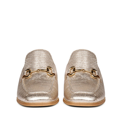 Saint Jasmine Gold Metallic Lizard Print Leather Moccasins