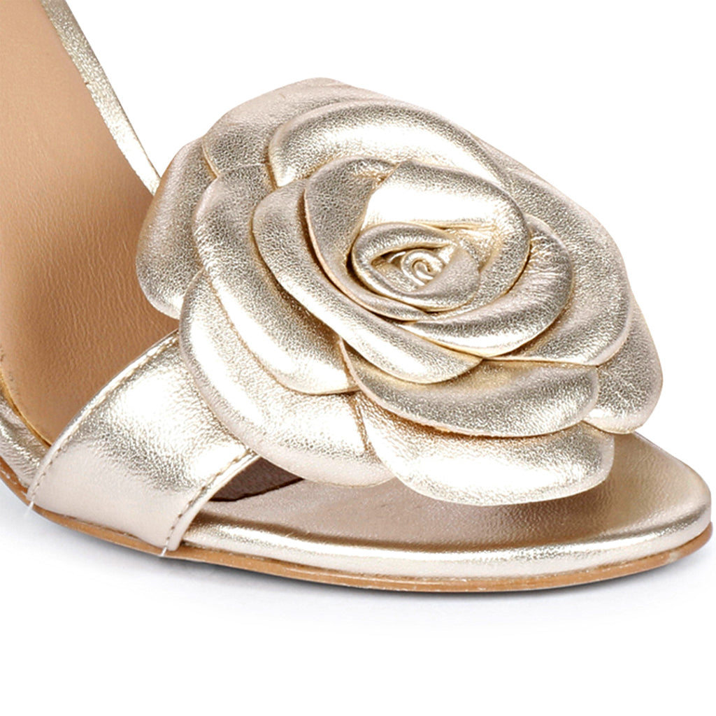 Saint Veronique Flower Embellished Platin Metallic Leather Stilettos