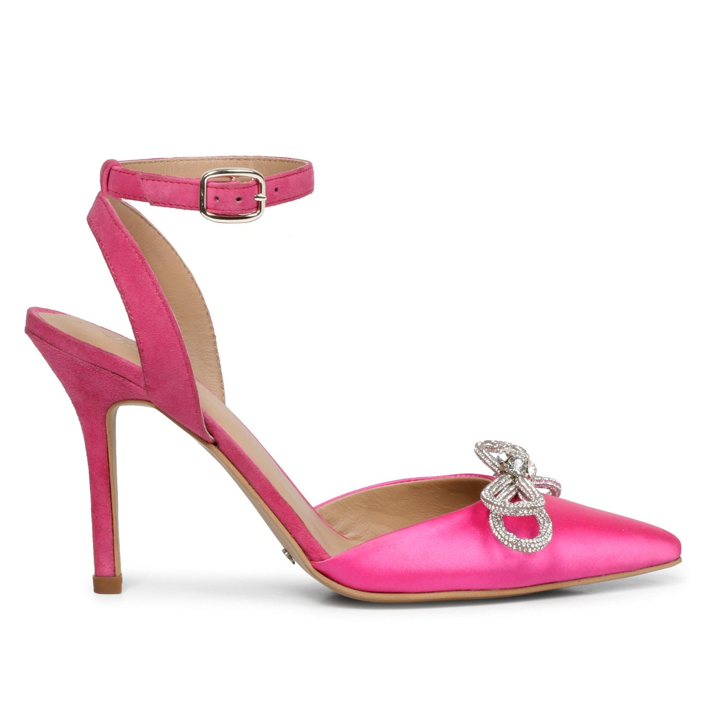 Saint Kylie Silver Stone Studded Bow Hot Pink Leather Stilettos