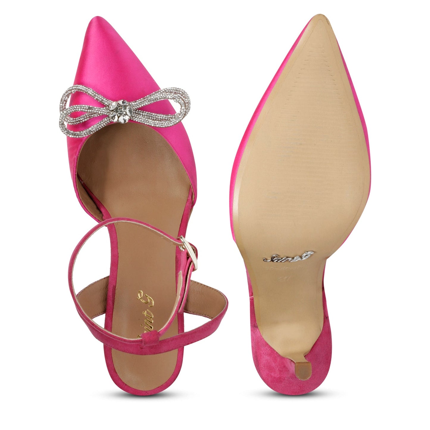 Saint Kylie Silver Stone Studded Bow Hot Pink Leather Stilettos