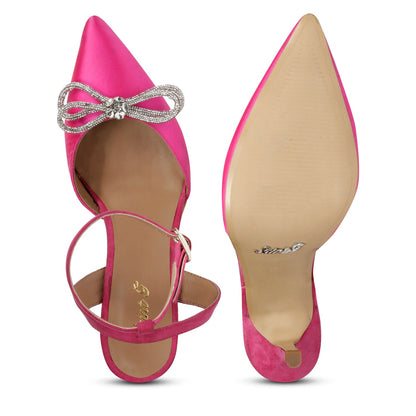 Saint Kylie Silver Stone Studded Bow Hot Pink Leather Stilettos