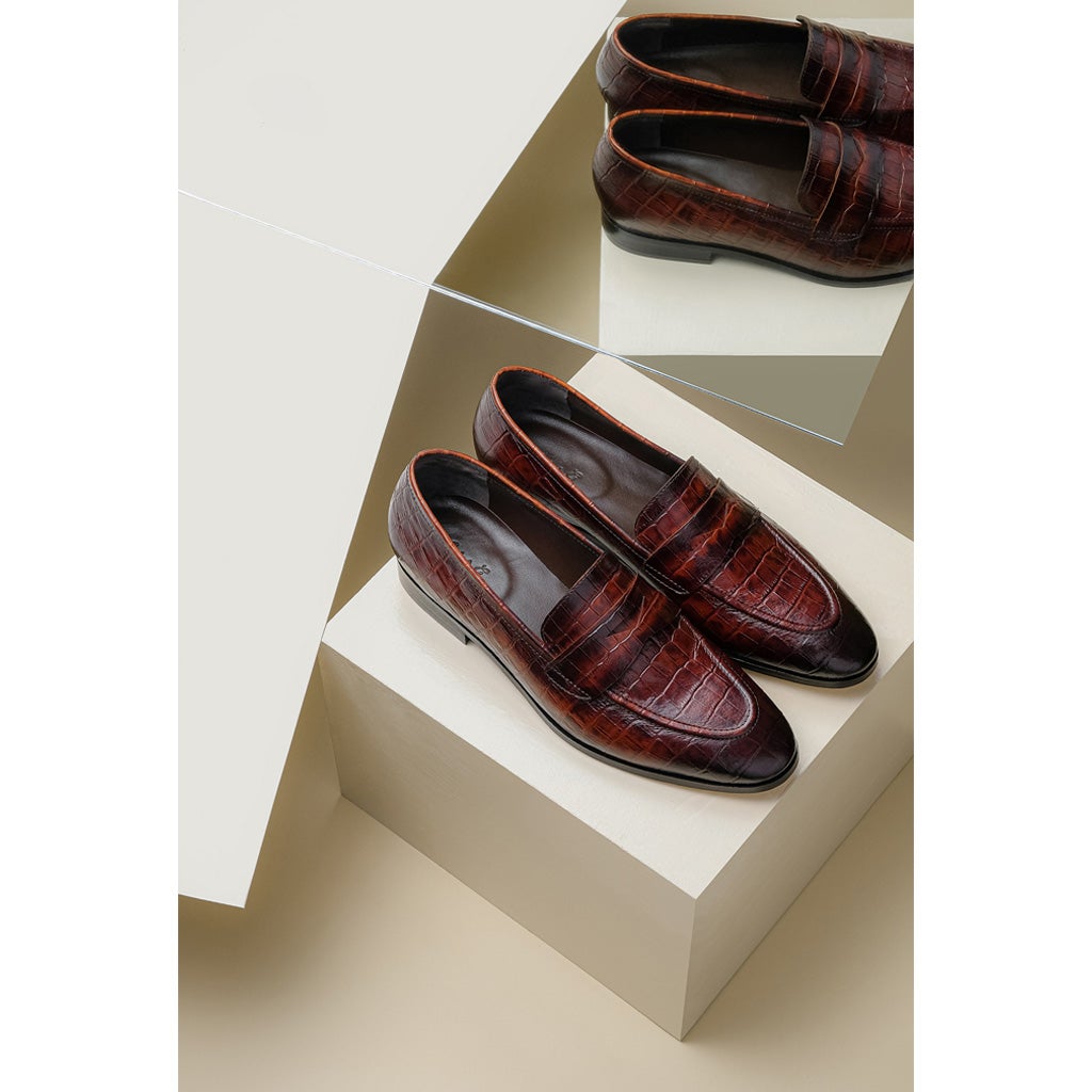 Saint Ansprand  Brown Croco Embossed Leather Loafers - SaintG