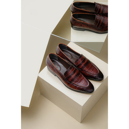 Saint Ansprand  Brown Croco Embossed Leather Loafers - SaintG