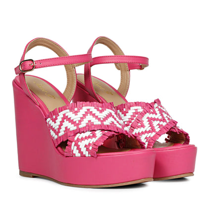 Saint Glenda Hand Woven Hot Pink Leather Wedge Heels