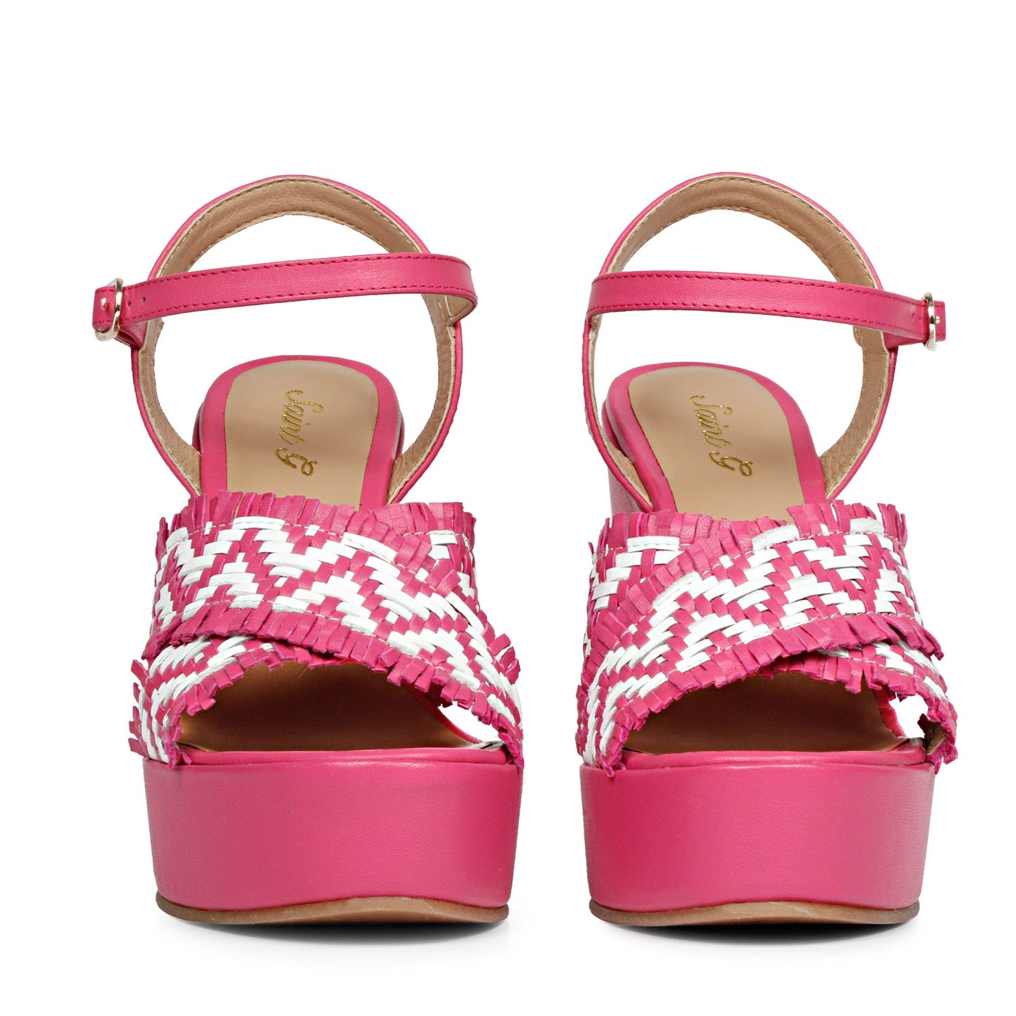 Saint Glenda Hand Woven Hot Pink Leather Wedge Heels