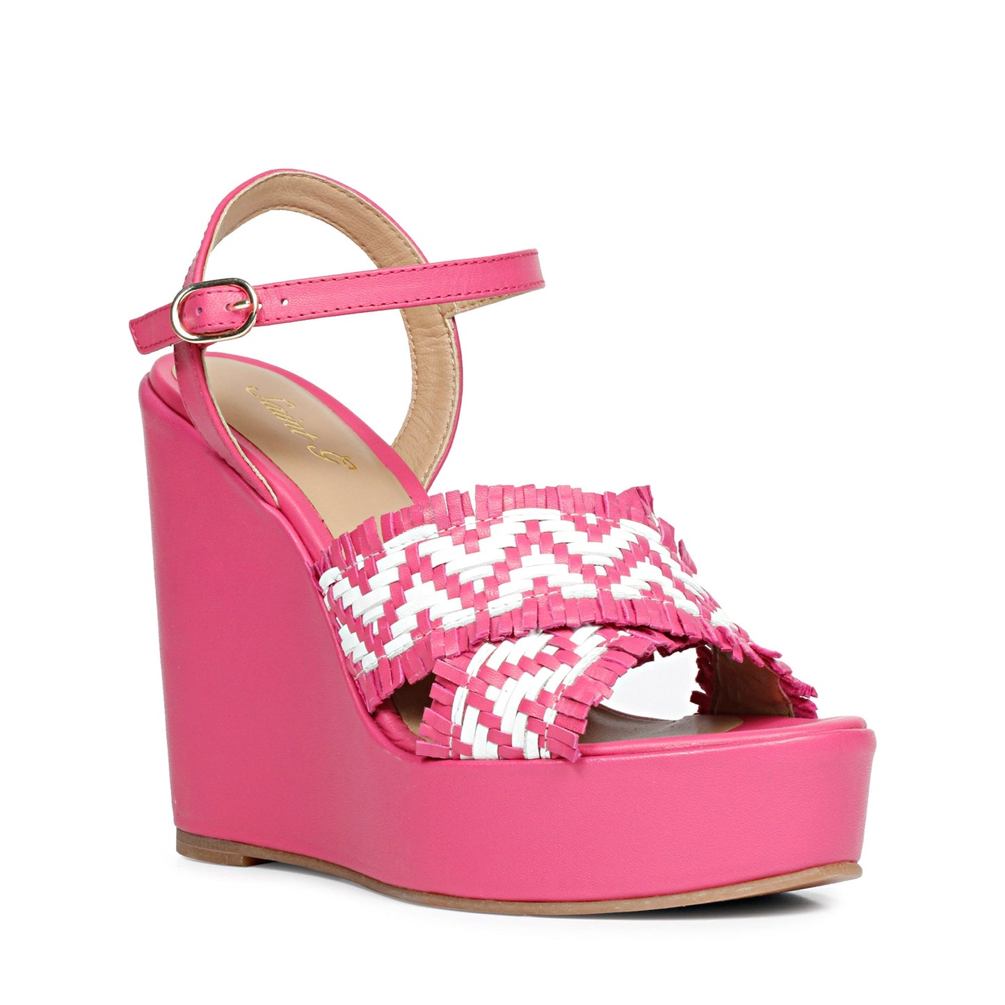 Saint Glenda Hand Woven Hot Pink Leather Wedge Heels