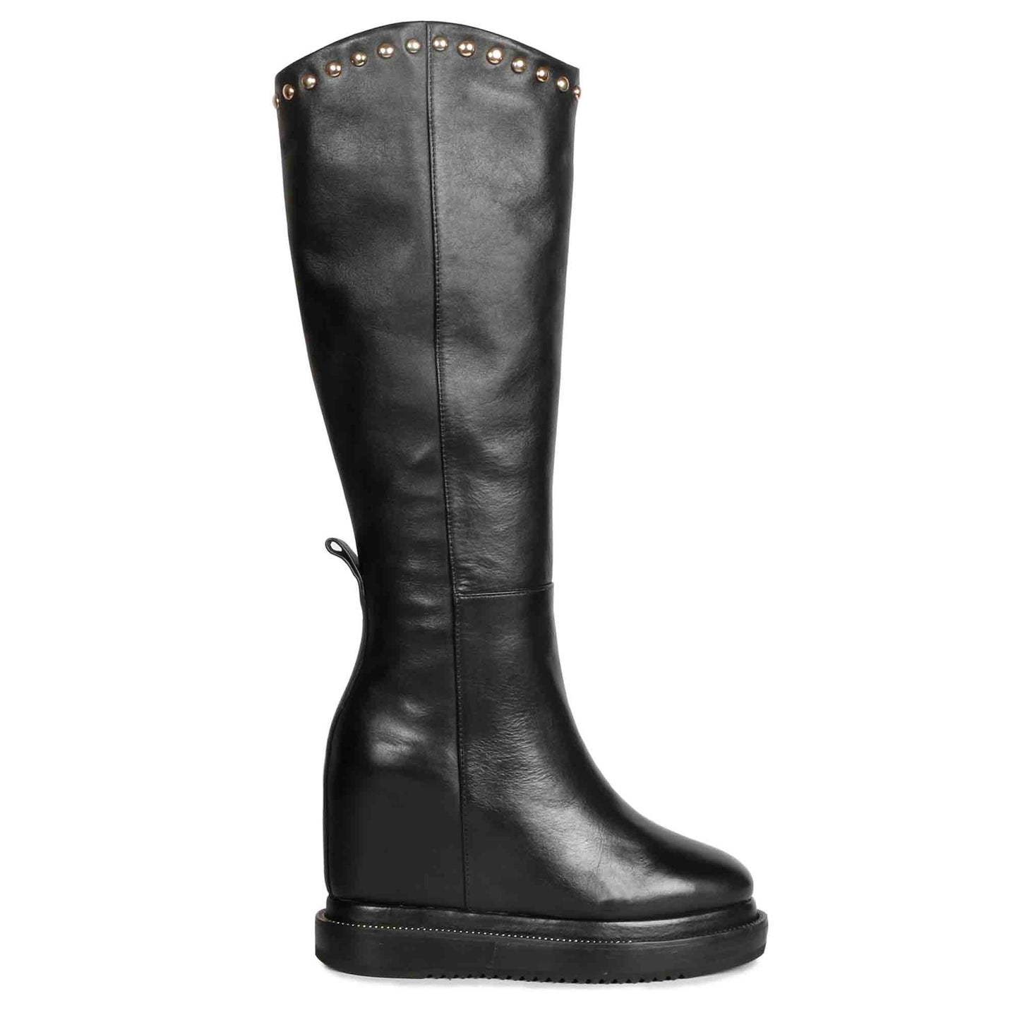 Saint Adelmo Studded Black Leather Inside Wedge Heel Long Boots