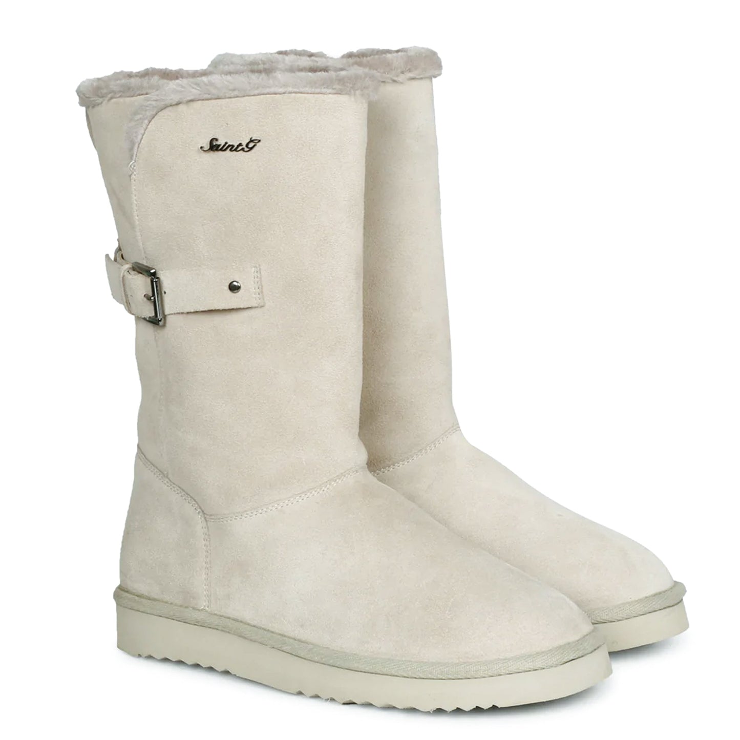 Saint Aurelia Buckle Decorative Ivory Suede Leather Snug Boots