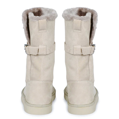 Saint Aurelia Buckle Decorative Ivory Suede Leather Snug Boots