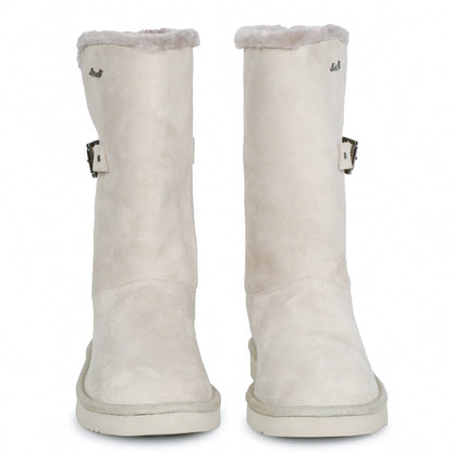 Saint Aurelia Buckle Decorative Ivory Suede Leather Snug Boots