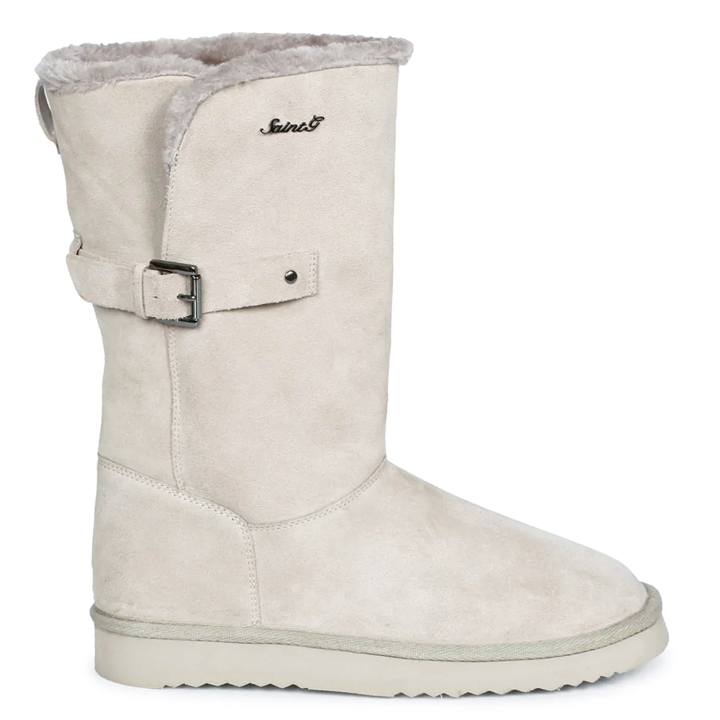 Saint Aurelia Buckle Decorative Ivory Suede Leather Snug Boots