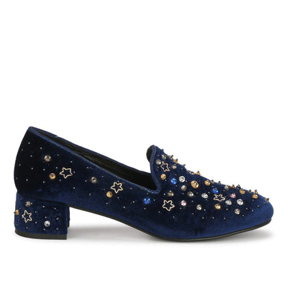 Saint Olivia Hand Embroidered Blue Suede Pumps